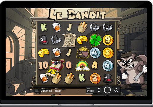 Игровое поле Le Bandit 6 на 5: символы карт, пиво, сыр, круассаны, клевер, горшок с монетами, монеты, радуга и скаттер FS; справа енот Smokey