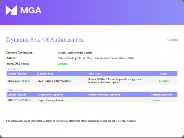 Страница реестра Malta Gaming Authority: Pocket Games Software Limited, адрес в Валлетте, лицензия MGA/B2B/435/2017, тип B2B Critical Supply Licence, Type 1 Gaming Services, Casino, статус Licensed